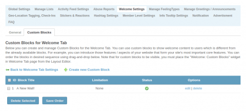 Admin: Welcome Settings - Custom Blocks Admin: Welcome Settings - Custom Blocks