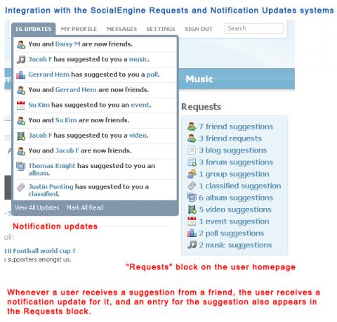 Integration with the SocialEngine Requests and Notification Updates systems Integration with the SocialEngine Requests and Notification Updates systems