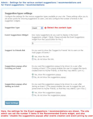 Admin : Settings for the various content suggestions / recommendations and for friend suggestions / recommendations Admin : Settings for the various content suggestions / recommendations and for friend suggestions / recommendations