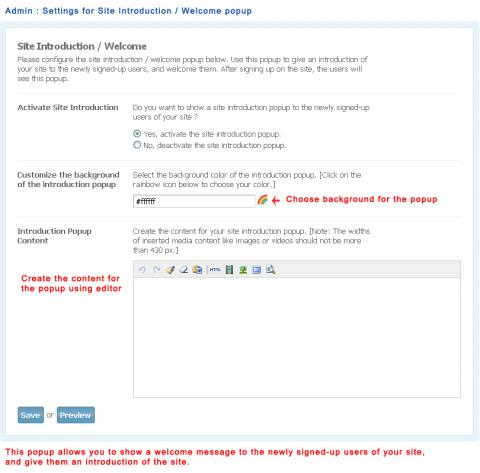 Admin : Settings for Site Introduction / Welcome popup Admin : Settings for Site Introduction / Welcome popup